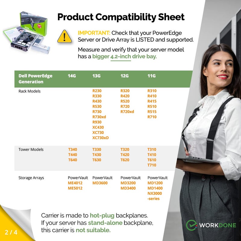 WORKDONE 3.5 inch Hard Drive Caddy Tray Compatible for Dell PowerEdge Servers - with 2.5 inch HDD Adapter NVMe SSD SAS SATA Bracket - Simply and Easy Carrier Setup with Installation Manual - Image 3